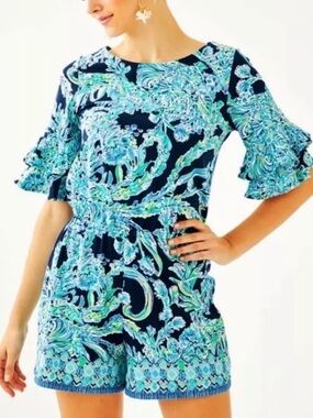 Lilly Pulitzer Navy with Aqua & Seafoam Floral Print Romper